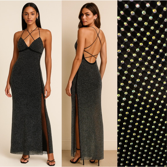 Crystal Doll M Vintage y2k Fishnet RHINESTONE Sequin Gown Bodycon Dress Black - Picture 1 of 11